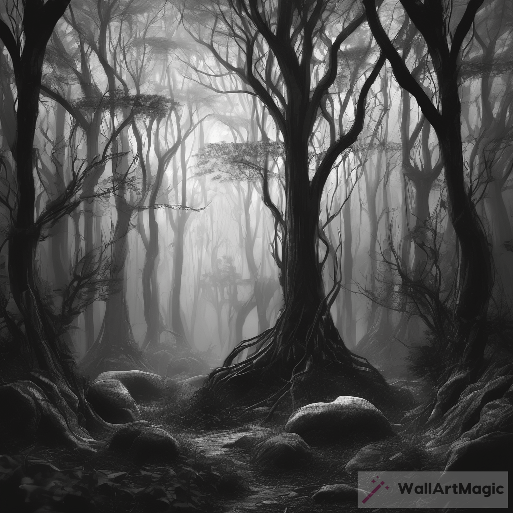 Exploring the Mysteries of a Black and White Dark Fantasy Forest ...