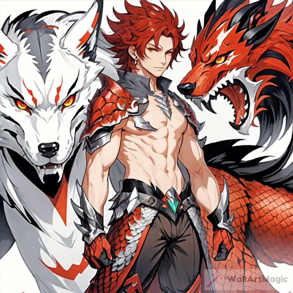 Anime Male Character Concept with Red Dragon Scale Skin and Wolf Features |  WallArtMagic